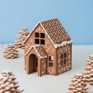 May include: A gingerbread house with white icing details and a matching gingerbread tree. The house has a front door, windows, and a decorative roof. The gingerbread house is brown with white icing accents, set against a light blue background.