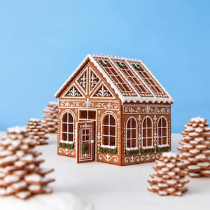May include: A gingerbread house with white icing details, arched windows, and an open door, surrounded by several stacked star-shaped cookie trees. The structure features intricate piping on the roof and walls, with small red and green accents.