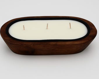 Large 3 Wick Soy Candle in Rustic Wooden Dough Bowl Centerpiece