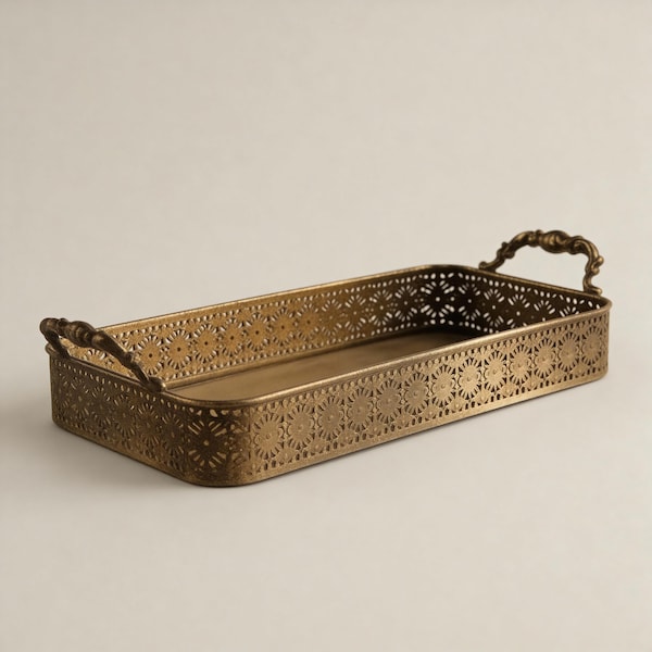 Gold Decorative Tray with Handles - Ornate Filigree Tray for Coffee Table, Vanity, Ottoman