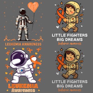 Puede incluir: Cuatro ilustraciones sobre un fondo gris. Una muestra a un astronauta sosteniendo un globo con forma de corazón naranja. Las otras presentan a un niño astronauta con una cinta naranja. El texto incluye "Concienciación sobre la leucemia" y "Pequeños luchadores, grandes sueños".