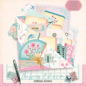 May include: A corner pocket design with a Japanese theme. It features a fan with cherry blossoms, dice, and various cards with text. The color palette includes pink, blue, and beige, with the words "Mahjong Blossom" and "Corner Pocket".