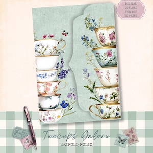 Teacups Galore zweiseitiges Folio, Junk Journal Einlegeblatt, 5 druckbare digitale Seiten zum Herunterladen