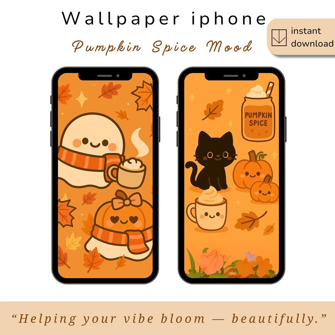 Pumpkin Spice iPhone Wallpaper | Kawaii Ghost, Cat, Latte (digital ...