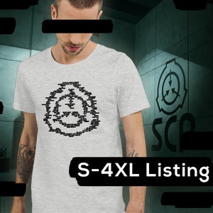 May include: A grey t-shirt featuring a black and white graphic of the SCP Foundation logo. The logo is made up of text that reads "SCP Foundation". The shirt is available in sizes S-4XL.  [REDACTED] SCP Document
