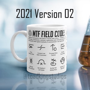May include: White ceramic mug with a black design featuring a series of symbols and text that reads "MTF FIELD CODES". The text below the symbols explains that the codes are designed for personnel in the field to visually alert others of hazards during observation, containment, retrieval, exploration, and emergency situations involving SCPs when typical methods of communication are obstructed. The text at the bottom of the mug reads "@toadkingstudios".