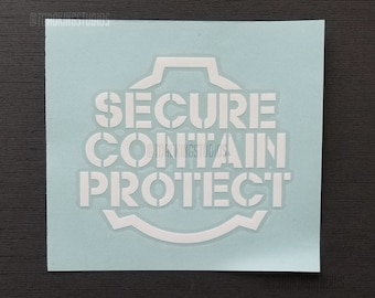 Naklejka winylowa Secure Contain Protect – 5 cali, tekst motta Fundacji SCP