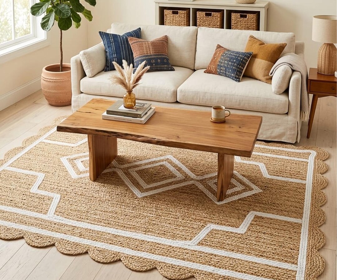 Natural Fiber Boho Rug- White Geometric Scalloped Edge Carpet, Custom ...