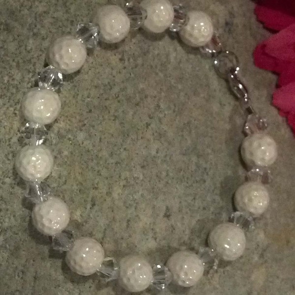 Ceramic Golf Ball Beaded Bracelet with Swarovski Clear Crystals on Power Cord