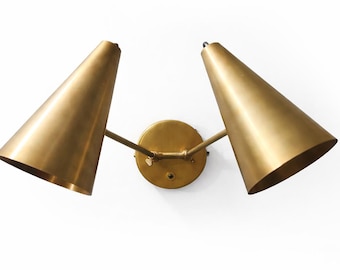 Mid Century Raw Brass Double Cone Wall Sconce - Bedroom Light