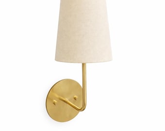 Applique murale Mid-Century en laiton avec abat-jour en tissu blanc