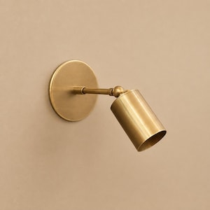 Peut inclure: Une applique murale de type projecteur avec une plaque arrière circulaire et une tête cylindrique, toutes deux dotées d'une finition en laiton brossé. La lampe dispose d'un bras réglable avec une rotule permettant d'orienter la tête.