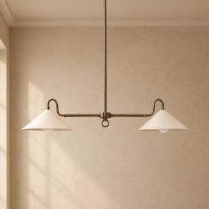 May include: A linear pendant light fixture featuring a central vertical rod connected to a horizontal bar with two curved arms. Each arm supports a conical off-white shade pointing downward, finished in a dark metallic bronze tone throughout.