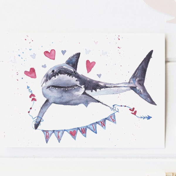 Be Mine Shark Valentines Day Card, blank greeting card, card for partner, card for friend, card for child, shark lovers valentines day card