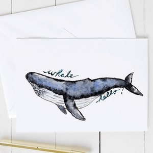 Whale Bonjour! impression de carte de voeux de baleine d’aquarelle, cartes pour dire salut, cartes quotidiennes, cartes de remerciement, cartes blanches, cartes de jeu de mots, cartes mignonnes
