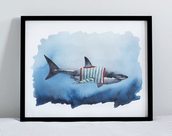 Stampa d'arte acquerello divertente squalo * solo FILE DI DOWNLOAD DIGITALE *, arte murale nautica stampabile, arte costiera carina, arte della camera da letto per bambini, ufficio domestico