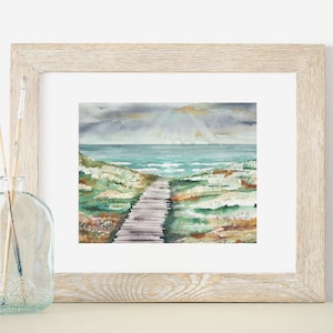 Fall Beach watercolor art print  8x10 & 5x7 , wall art, coastal decor, nautical art, beach art, landscape painting