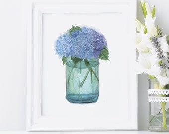 Hydrangea Mason Jar 8x10 & 5x7  watercolor art print,  wall art, home decor, floral art, hydrangea painting, rustic decor