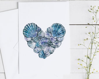 May include: A watercolor painting of a heart shape made of seashells in shades of blue and purple.