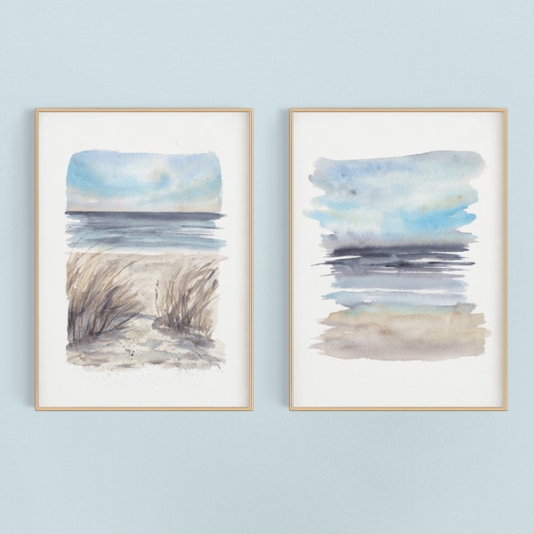 Watercolor Blue Seascape Set,  2 PRINTS, gallery watercolor wall art, home decor, beach art, beach paintings, coastal art, coastal decor