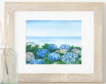 Blue Hydrangeas Watercolor Art Print, Coastal Home Decor