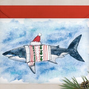 Santa Shark in Sweater greeting card, nautical art, cute christmas cards, funny cards for kids, christmas sweater card, christmas decoration