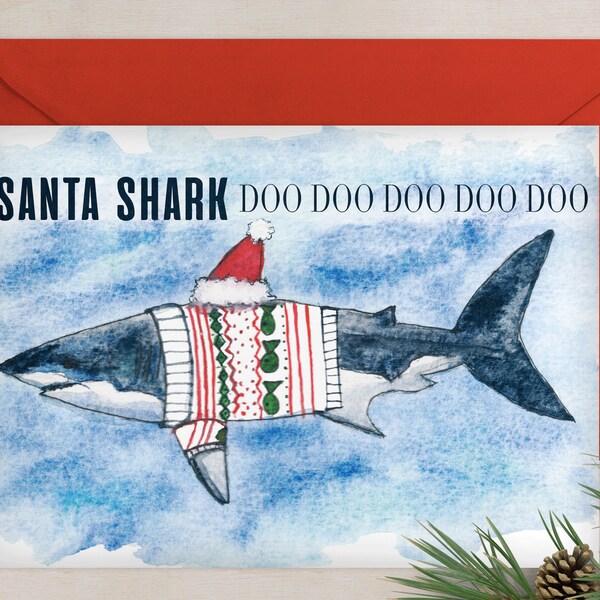 Santa Shark Song blank greeting card, nautical art, cute christmas cards, funny cards for kids, christmas sweater card, christmas decoration