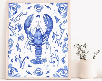 Acquerello Blue Floral Lobster * DIGITAL DOWNLOAD FILE * solo, arte stampabile, decorazione murale, arte nautica, decorazione costiera, parete della galleria