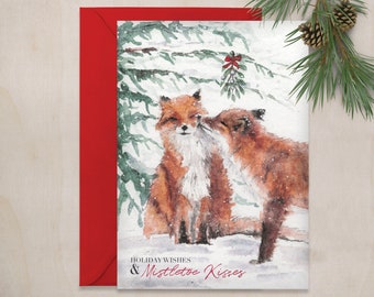 Fox kisses holiday greeting card, animal christmas, cute holiday card,for wife,card for husband, card for partner, woodland  art, couples