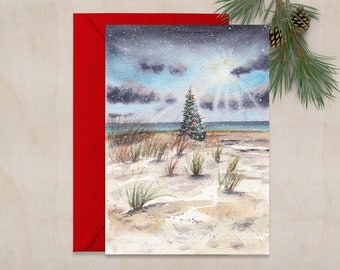 Christmas Beach Day 5x7in  greeting card, beachy christmas cards, nautical christmas card, holiday cards, christmas art
