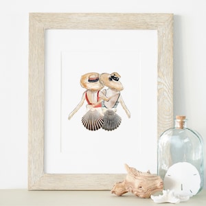 May include: Two women wearing straw hats and swimsuits stand back to back on a seashell. The women are facing away from the viewer. The seashell is a large scallop shell.
