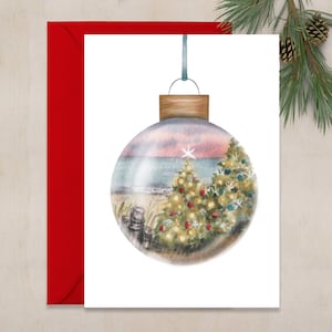 Christmas Beach Ornament Card, Coastal Holiday Art (5x7in)