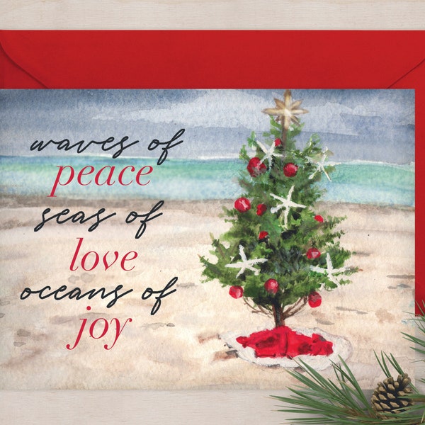 Beach Christmas Tree peace, love & card, Christmas greeting card, nautical holiday card, beach christmas card, watercolor christmas art