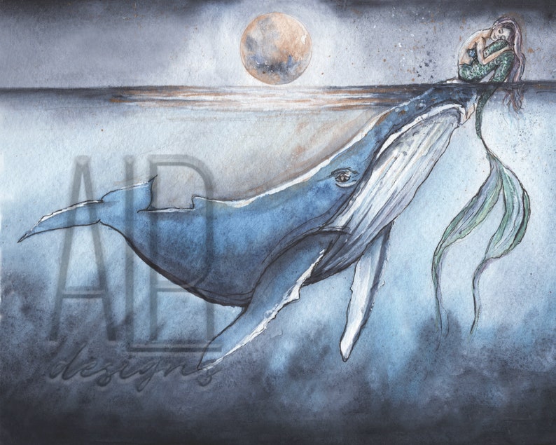 Whale and Mermaid Watercolor Art Print, Coastal Moon Decor - Etsy