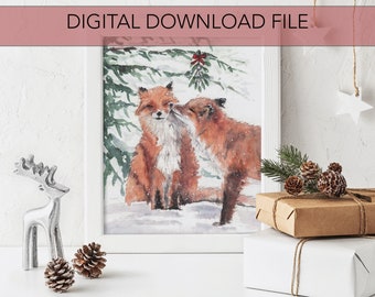 Holiday Foxes 8x10 & 5x7 Print *DIGITAL DOWNLOAD FILE* art mural de Noël, décoration de Noël, décor de vacances boisé, art mural de Noël