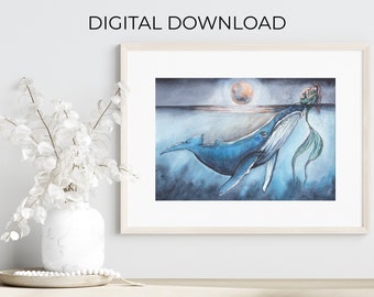 Acquerello Balena Luna e Sirena, Formati poster * SOLO FILE DI DOWNLOAD DIGITALE*, arte stampabile, decorazione murale, arte nautica, decorazione costiera