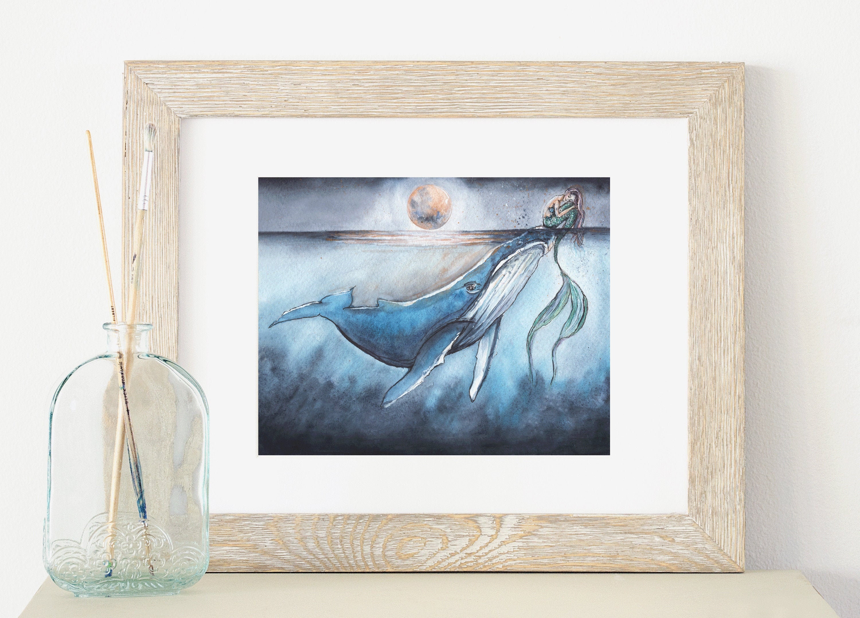 Whale and Mermaid Watercolor Art Print, Coastal Moon Decor - Etsy