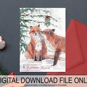 Fuchs küsst Weihnachtsgrußkarte * DIGITAL DOWNLOAD FILE * only, printable, Waldtier Weihnachtskarte, Urlaubskunst, Karte für Partner