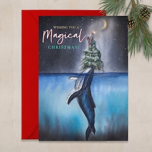 Magical Christmas, 5x7  Christmas greeting card, holiday card, mermaid christmas card, whale art, nautical christmas card