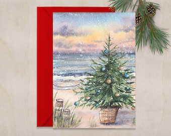 Christmas Beach Basket 5x7 in  greeting card, beachy christmas cards, nautical christmas card, holiday cards, christmas art