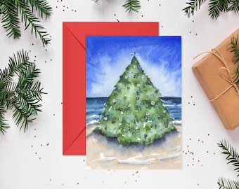 Blue Christmas Beach Tree 5x7 in  greeting card, christmas cards, sunset christmas card, beach holiday cards, coastal christmas