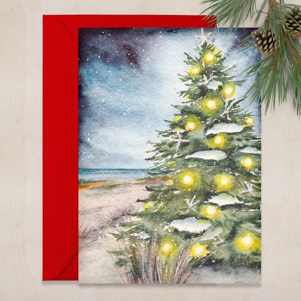 Christmas Beach Glow 5x7in  greeting card, beachy christmas cards, nautical christmas card, holiday cards, christmas art