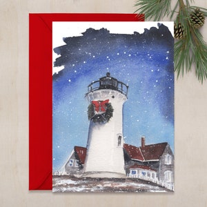 Nobska lighthouse 5x7 in greeting card, holiday card, nautical christmas card, beach christmas card, lighthouse christmas, cape cod art