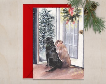 Christms Labs 5x7 in  greeting card, dog christmas cards, animal christmas card, pet holiday cards, christmas art, yellow lab art, black lab