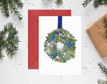 Christmas Beach Wreath 5x7 in  greeting card, christmas cards, wreath christmas card, beach holiday cards, coastal christmas