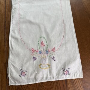 May include: A white rectangular fabric runner featuring hand-embroidered floral motifs. A central basket design holds pink, blue, and purple flowers with green stems, framed by a pink scalloped line. Two smaller floral clusters sit at the bottom corners.