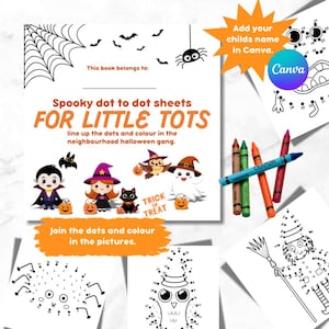 Może przedstawiać: Książka z aktywnościami na Halloween dla dzieci z arkuszami połącz kropki. Okładka przedstawia upiorne postacie i tekst "Spooky dot to dot sheets FOR LITTLE TOTS". Zawiera kredki i przykłady wypełnionych stron.