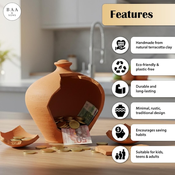 Handmade Terracotta Piggy Bank, Traditional Earthen Money Pot