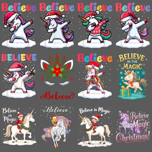 Puede incluir: Una colección de gráficos con temática navideña con unicornios. Los unicornios se representan haciendo dab y usando gorros y bufandas de Papá Noel. La palabra "Believe" se muestra en varias fuentes y colores, junto con otro texto temático navideño.