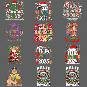 Puede incluir: Una colección de diseños coloridos con temática navideña. Cada diseño presenta las palabras "Feliz Navidad" o "Navidad" con gorros de Papá Noel, adornos y el año 2024 o 2025. Algunos diseños incluyen texto adicional.